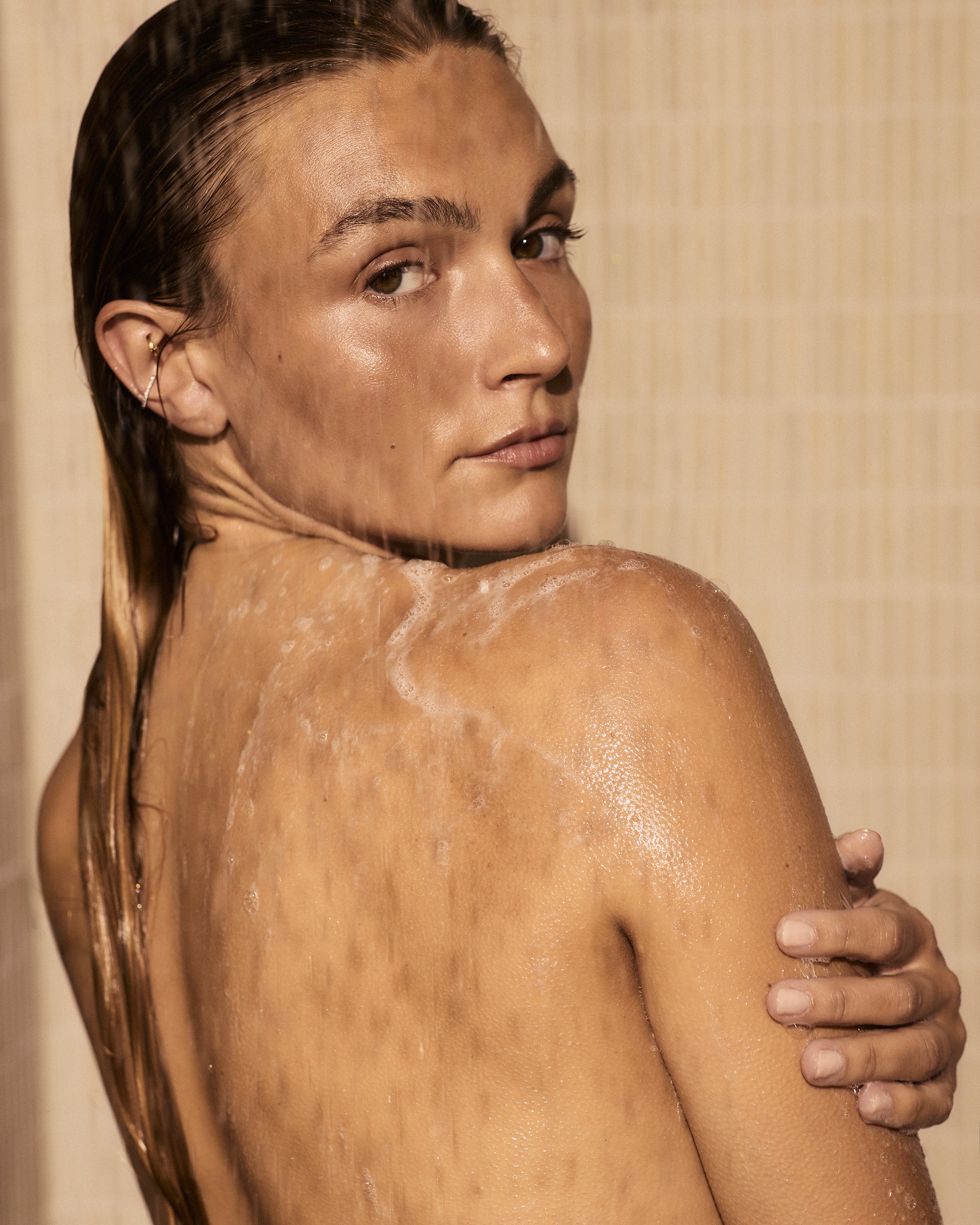 Lady having a morning shower. 