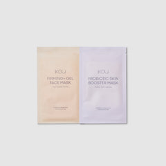 Two skincare masks, one pink and one purple, on a white background with 'IKOU' branding.