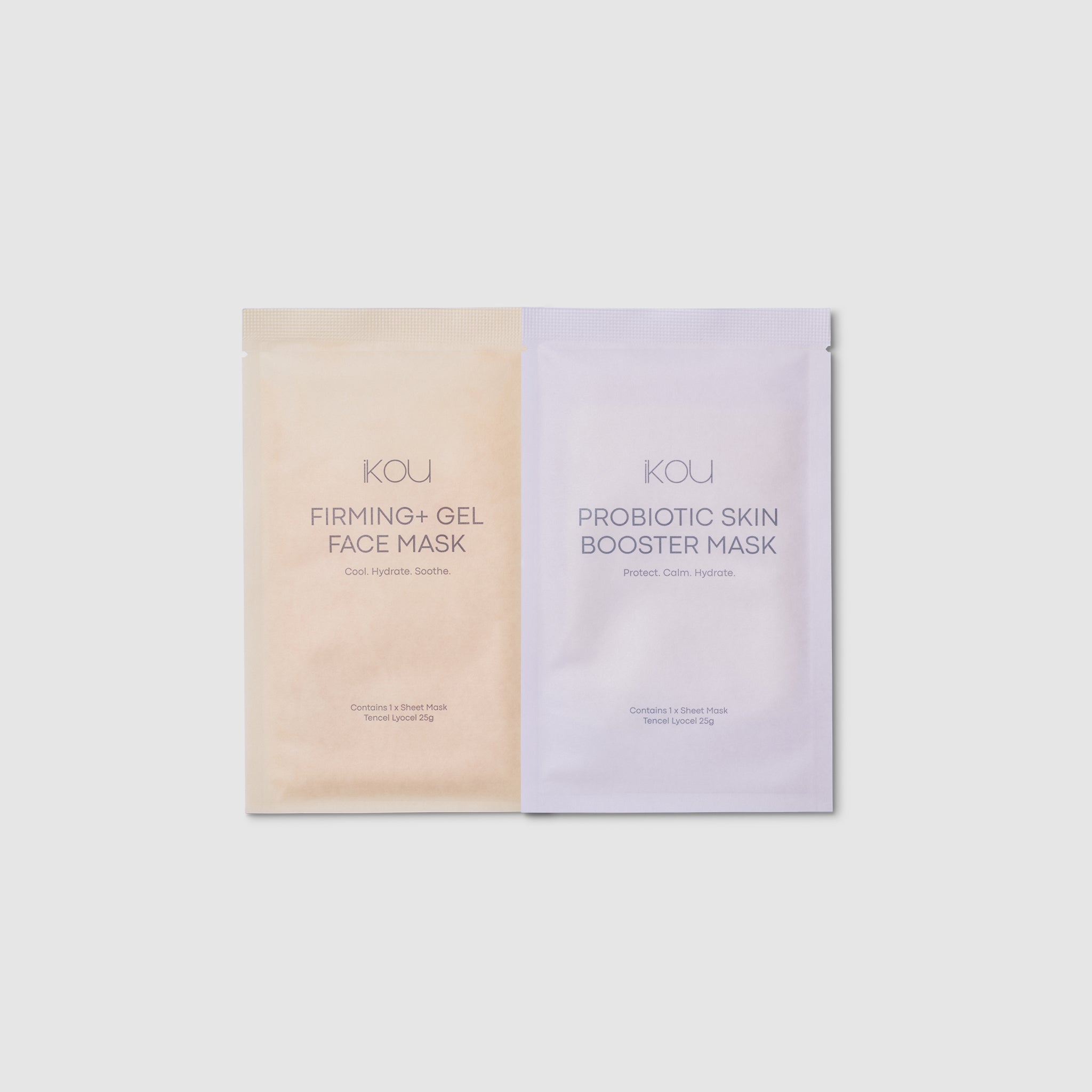 Two skincare masks, one pink and one purple, on a white background with 'IKOU' branding.
