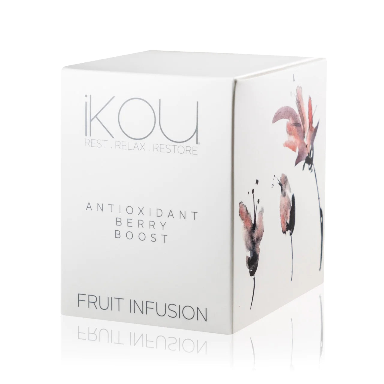 iKOU Antioxidant Berry Boost fruit infusion tea with vibrant berries and herbs in a clear glass teapot on a white background.