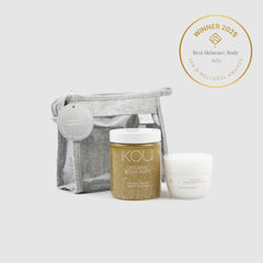 Skincare products with a gray bag and 'IKOU' branding on a white background, featuring an award badge.