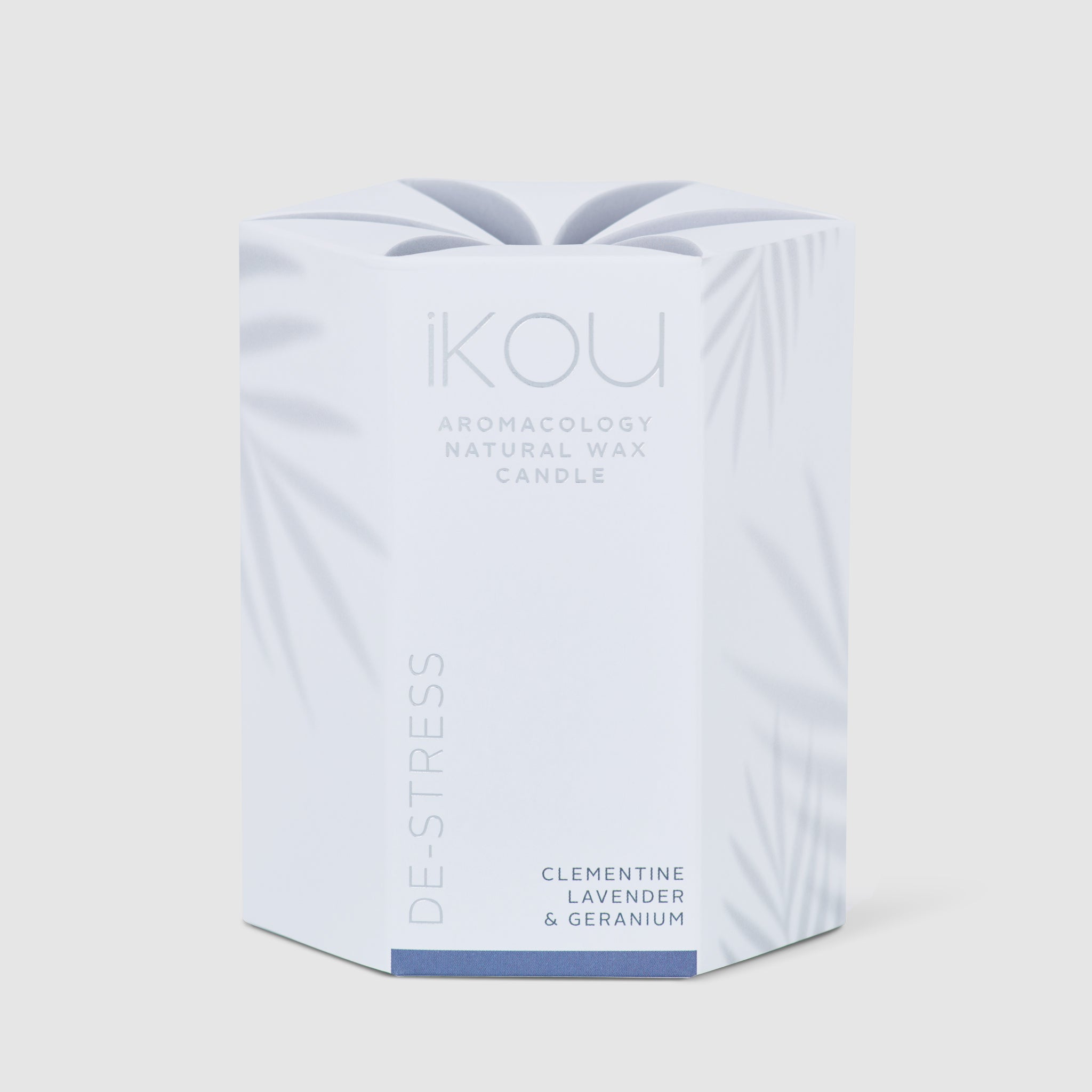 Ikou candle packaging with 'De-Stress' description on a light gray background