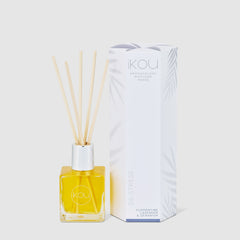 Diffuser bottle with reeds and packaging on a light gray background