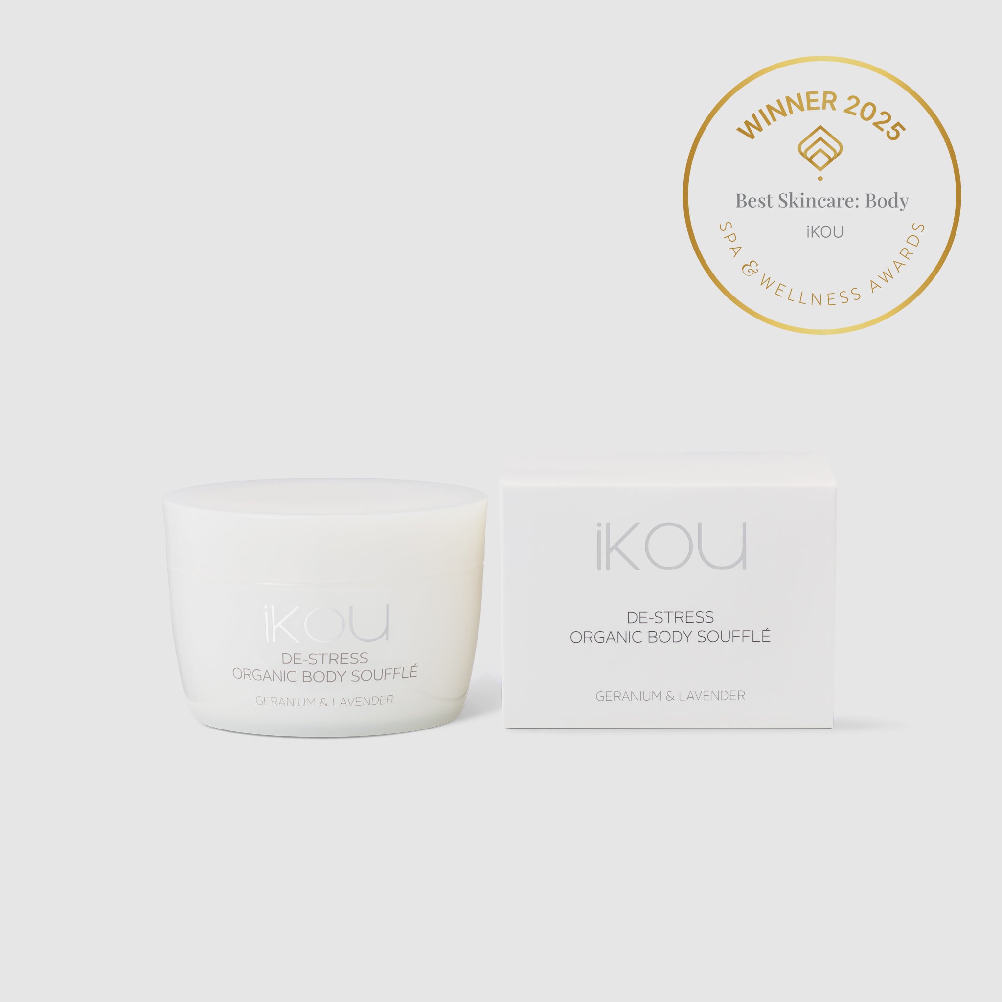 IKOU skincare product with packaging on a white background, featuring an award badge.