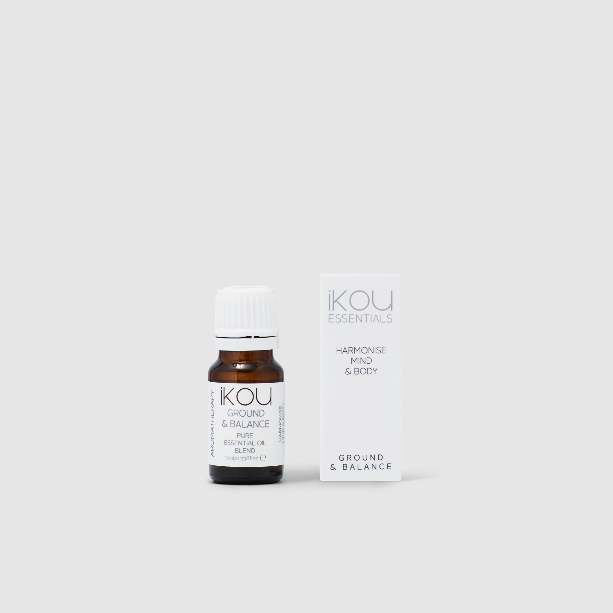 Ikou essential oil bottle and packaging on a white background