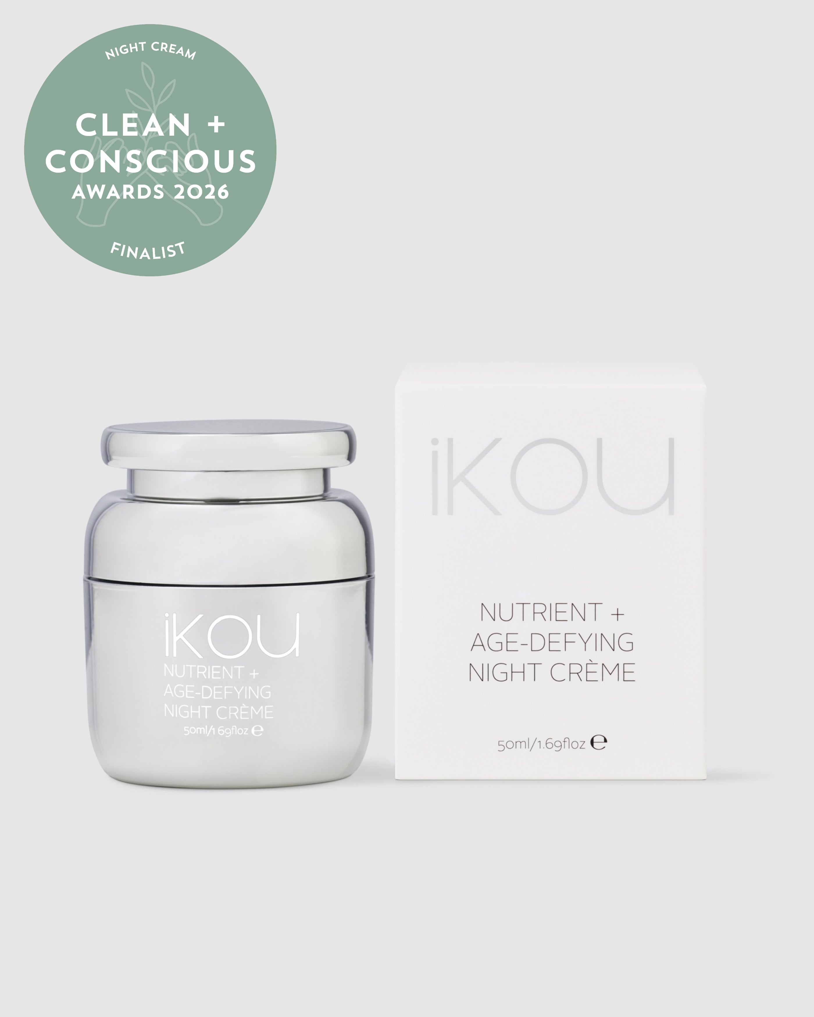 iKOU Nutrient+ Age-Defying Night Creme in a jar, showcasing smooth, creamy skincare formula for youthful skin overnight