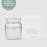 iKOU Nutrient+ Age-Defying Night Creme jar with cream, highlighting skincare product for youthful skin and nighttime skincare routine.