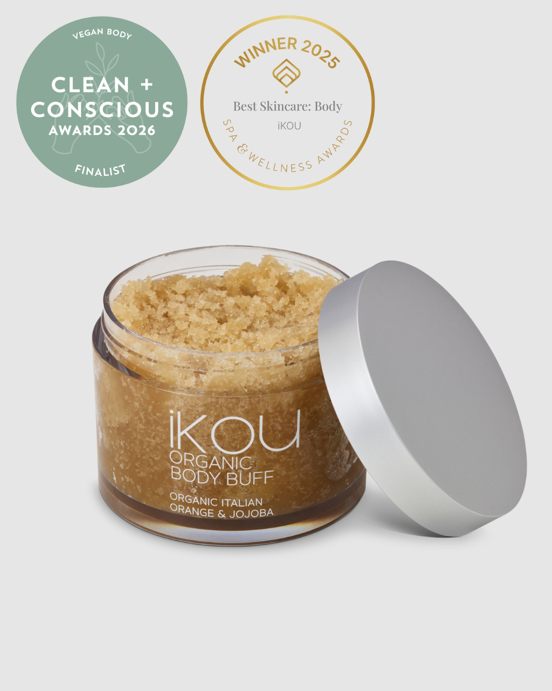 iKOU Organic Body Buff for bath and body care, featuring natural exfoliating ingredients in a resealable jar.