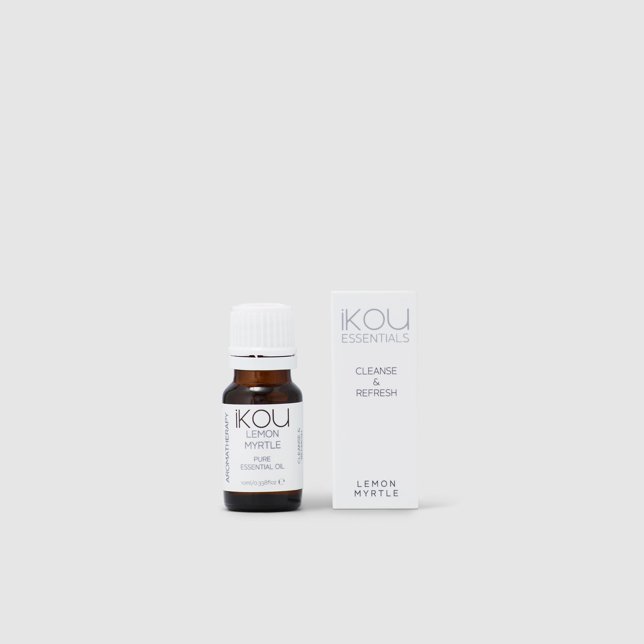 Ikou Lemon Myrtle essential oil bottle and packaging on a white background