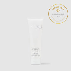 IKOU organic body lotion with an award badge on a white background