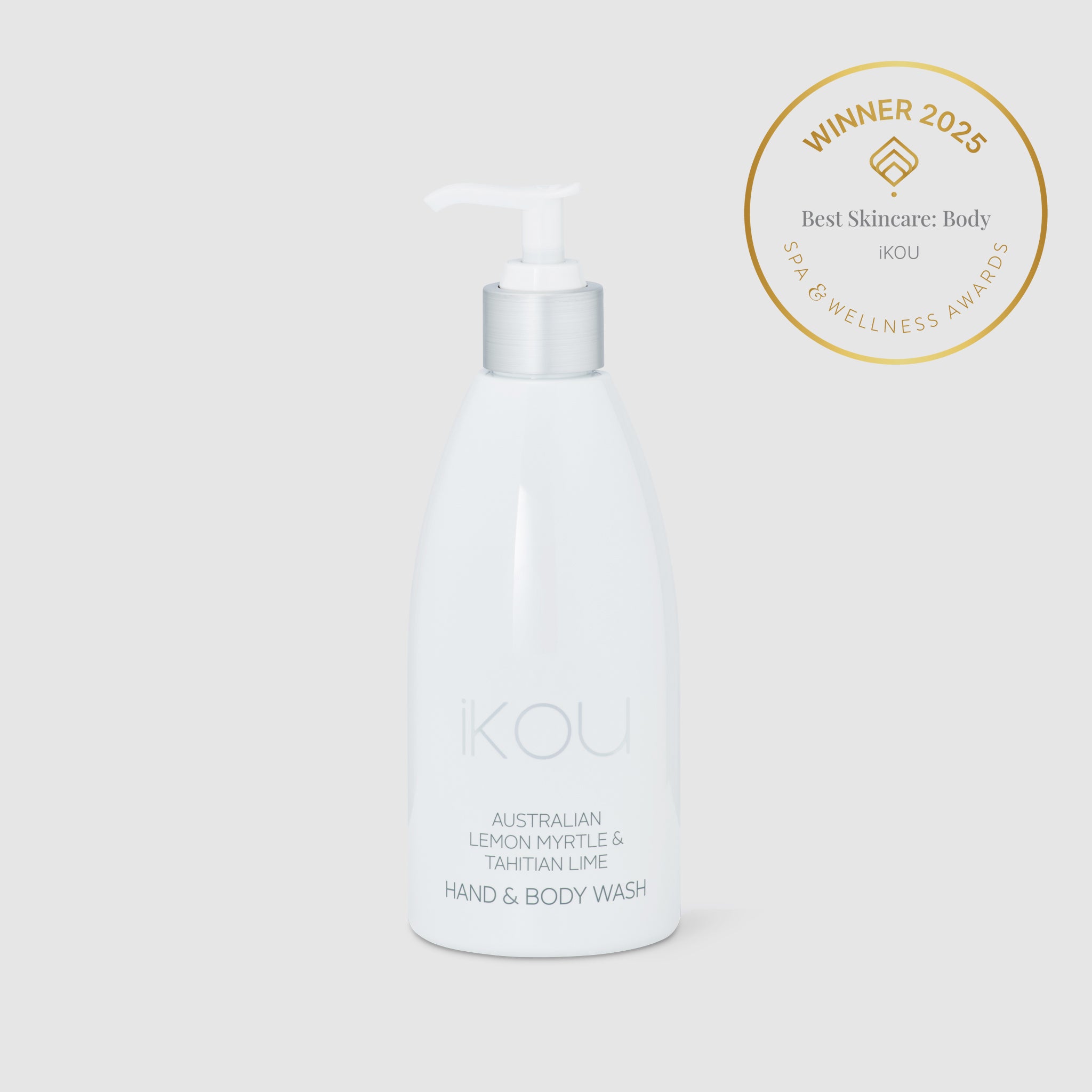 Hand and body wash bottle with 'IKOU' branding on a white background, featuring an award badge.