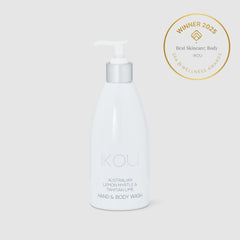 Hand and body wash bottle with 'IKOU' branding on a white background, featuring an award badge.
