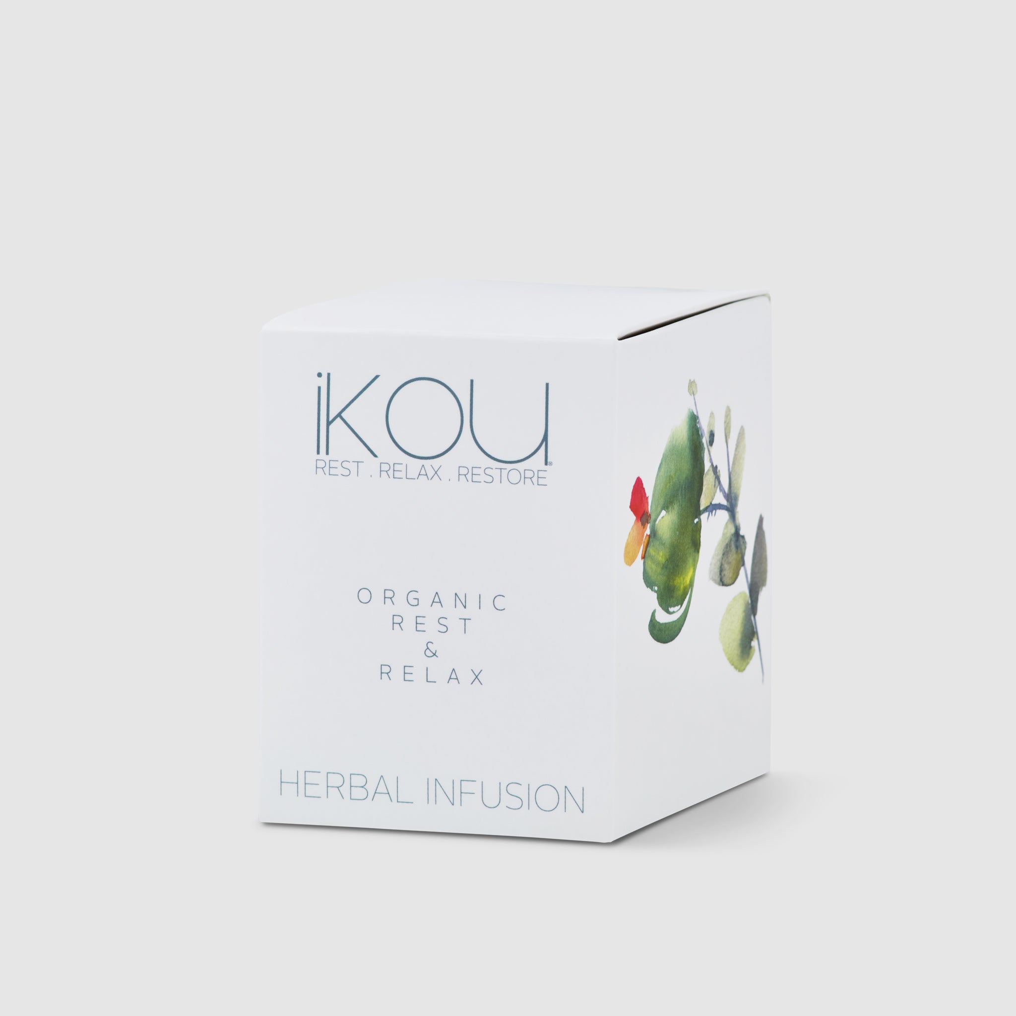 IKOU organic rest and relax herbal infusion packaging on a light gray background