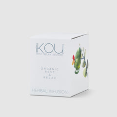 IKOU organic rest and relax herbal infusion packaging on a light gray background
