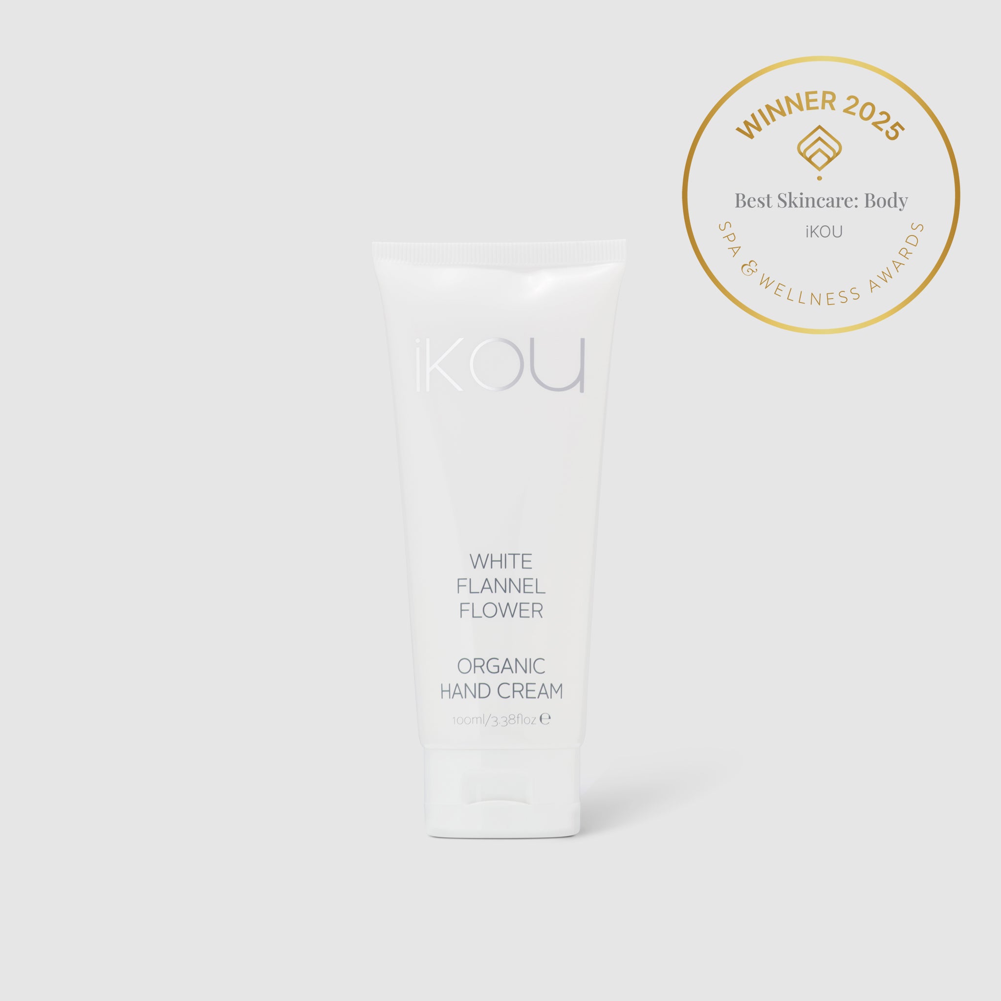 IKOU organic hand cream on a white background with an award badge.