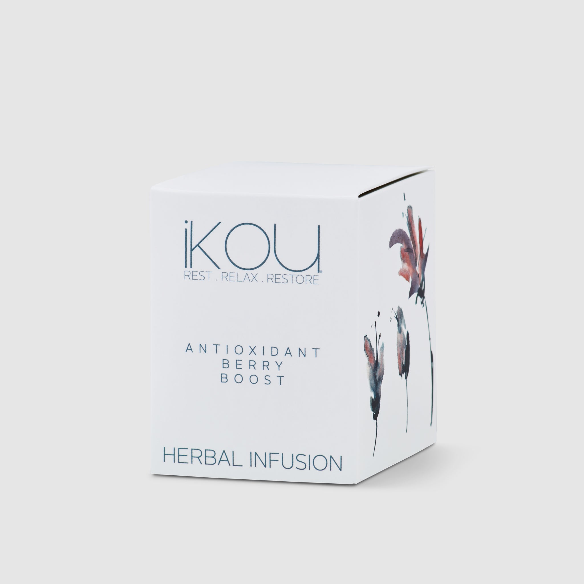 Box of ikou antioxidant berry boost herbal infusion on a white background