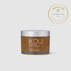 Ikou Organic Body Buff jar with a gold award badge on a white background