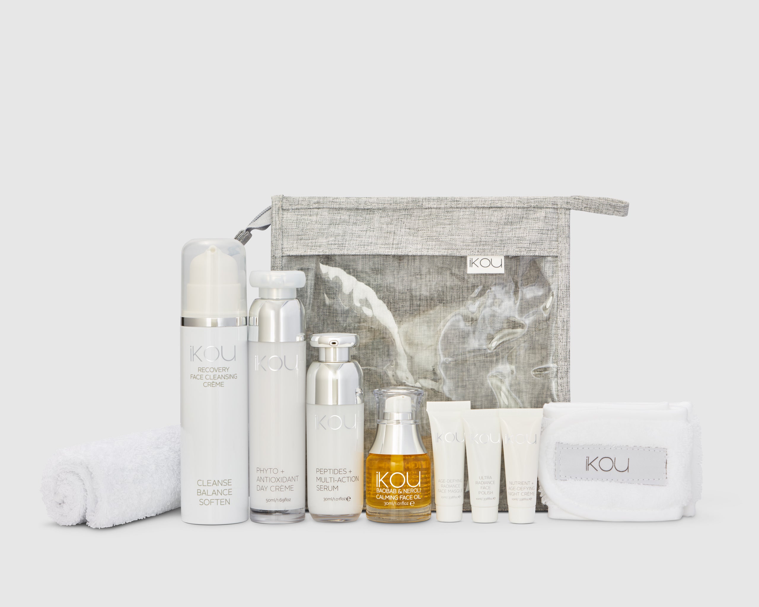 iKOU Core 4 gift pack featuring spa headband, skincare products, and wellness essentials arranged in an elegant gift set.