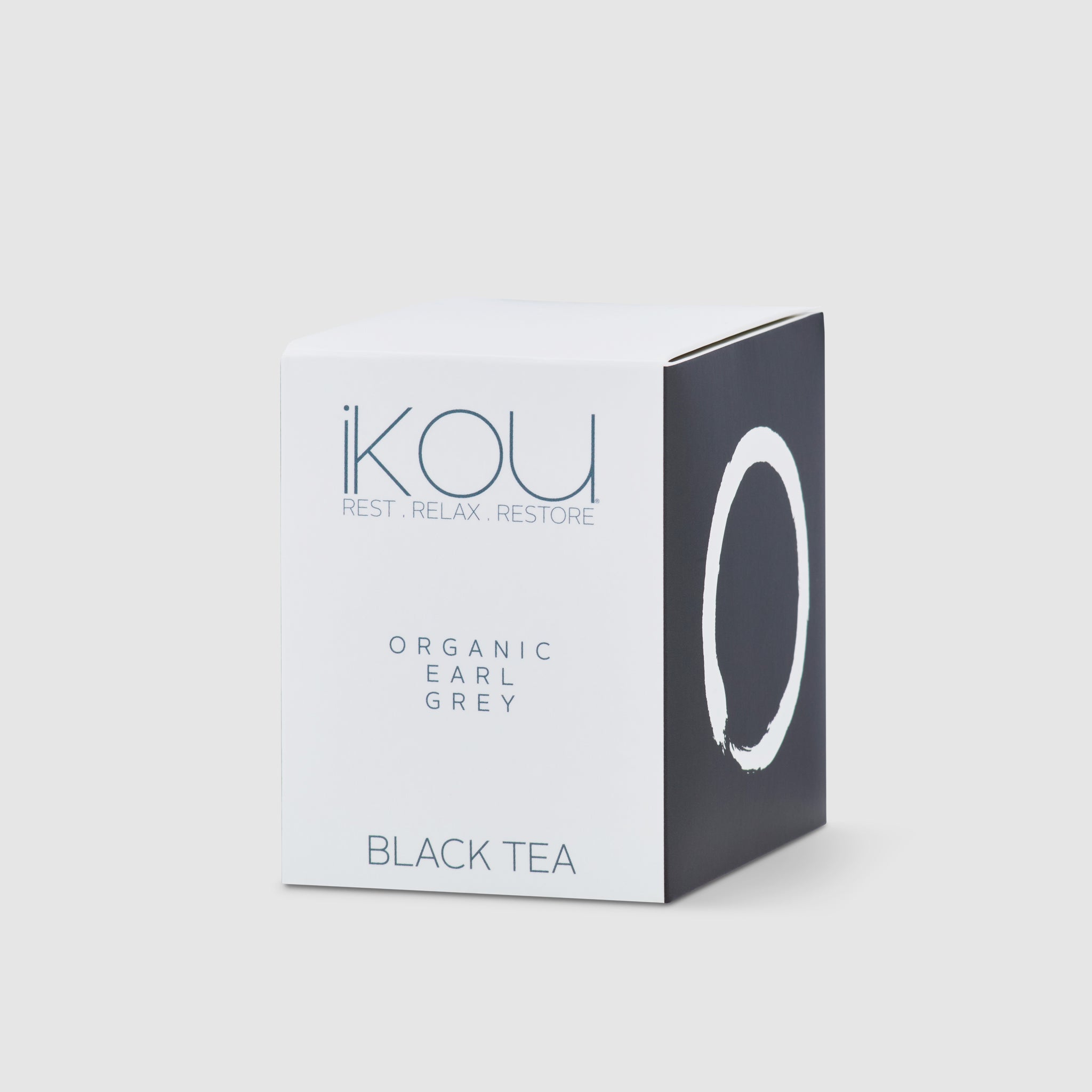 IKOU organic earl grey black tea packaging on a light gray background