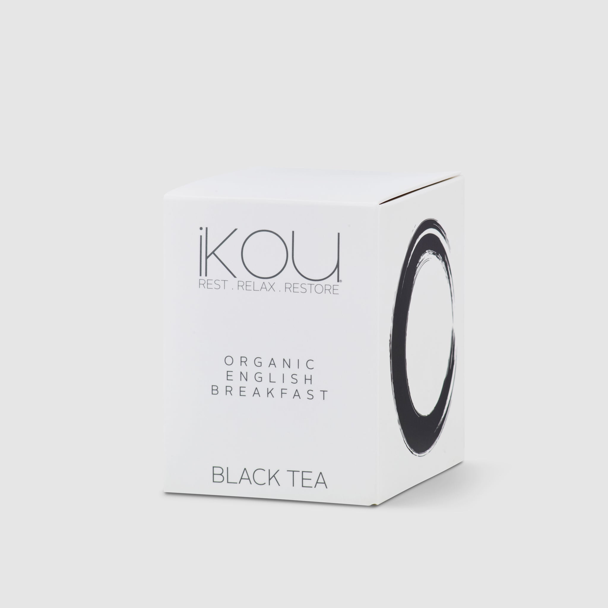 Box of IKOU organic English breakfast black tea on a white background