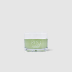 Green skincare product jar with 'ikou' branding on a white background