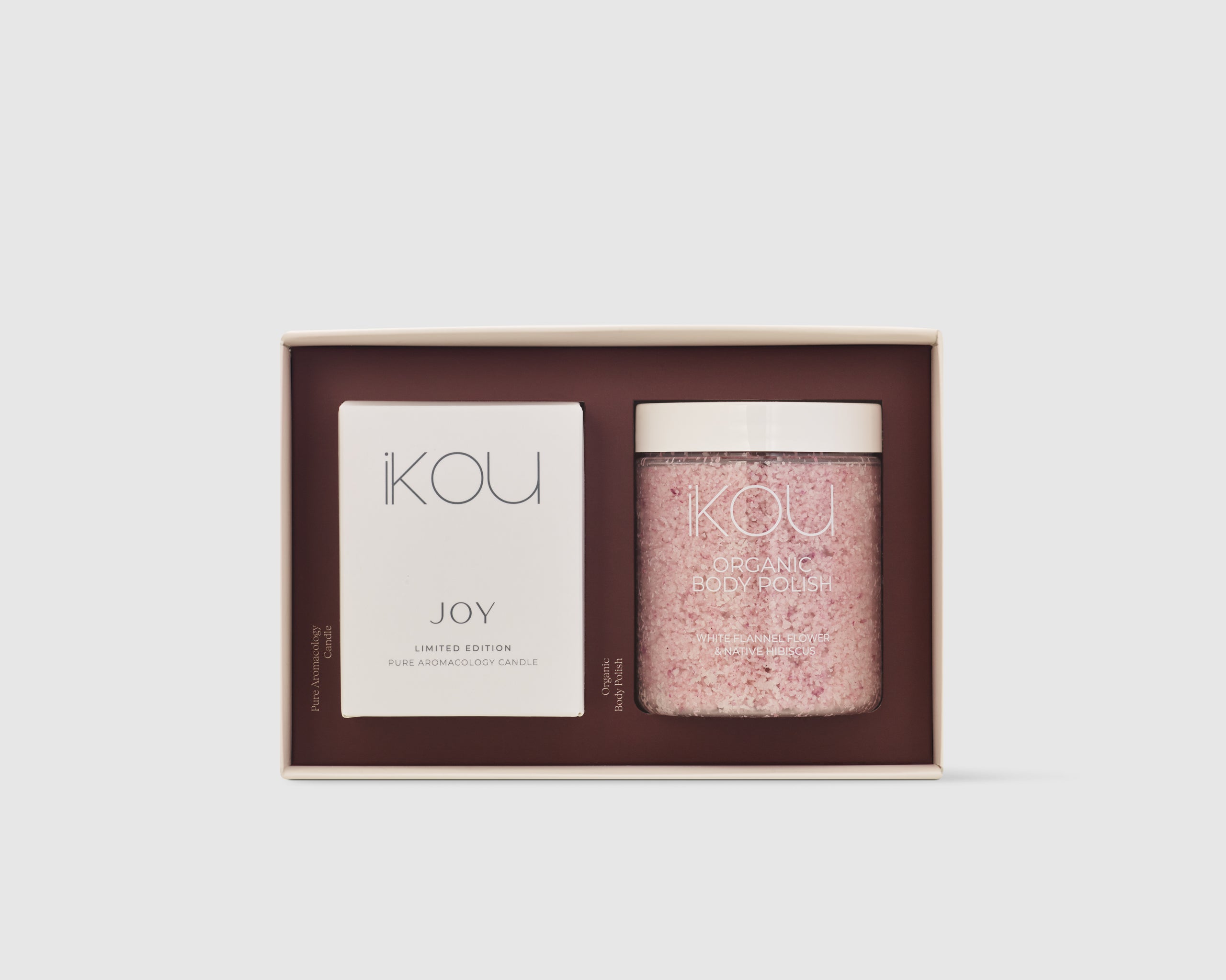 iKOU The Joy Duo gift pack featuring two relaxing skincare products with natural ingredients, beautifully arranged.
