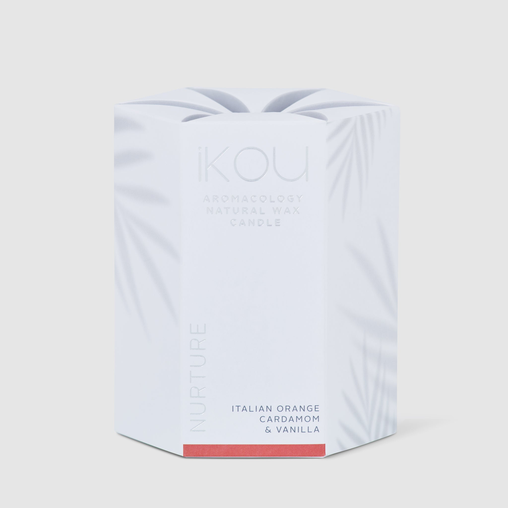 KOU candle packaging with 'Nurture' and 'Italian Orange, Cardamom & Vanilla' text on a light gray background