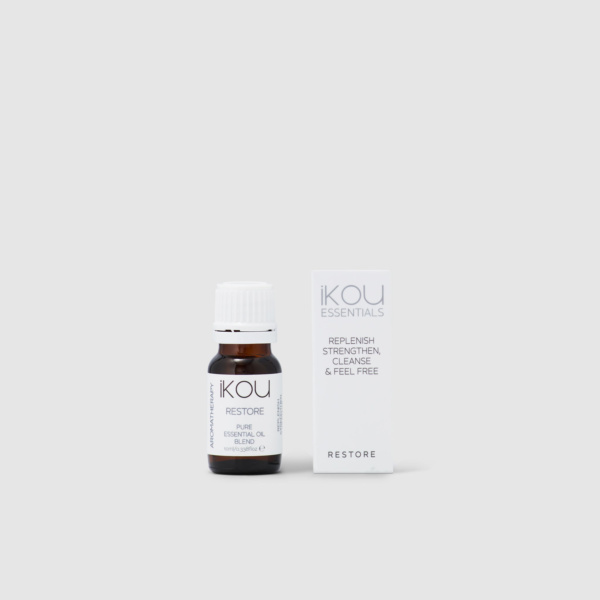 Ikou essential oil bottle and packaging on a white background