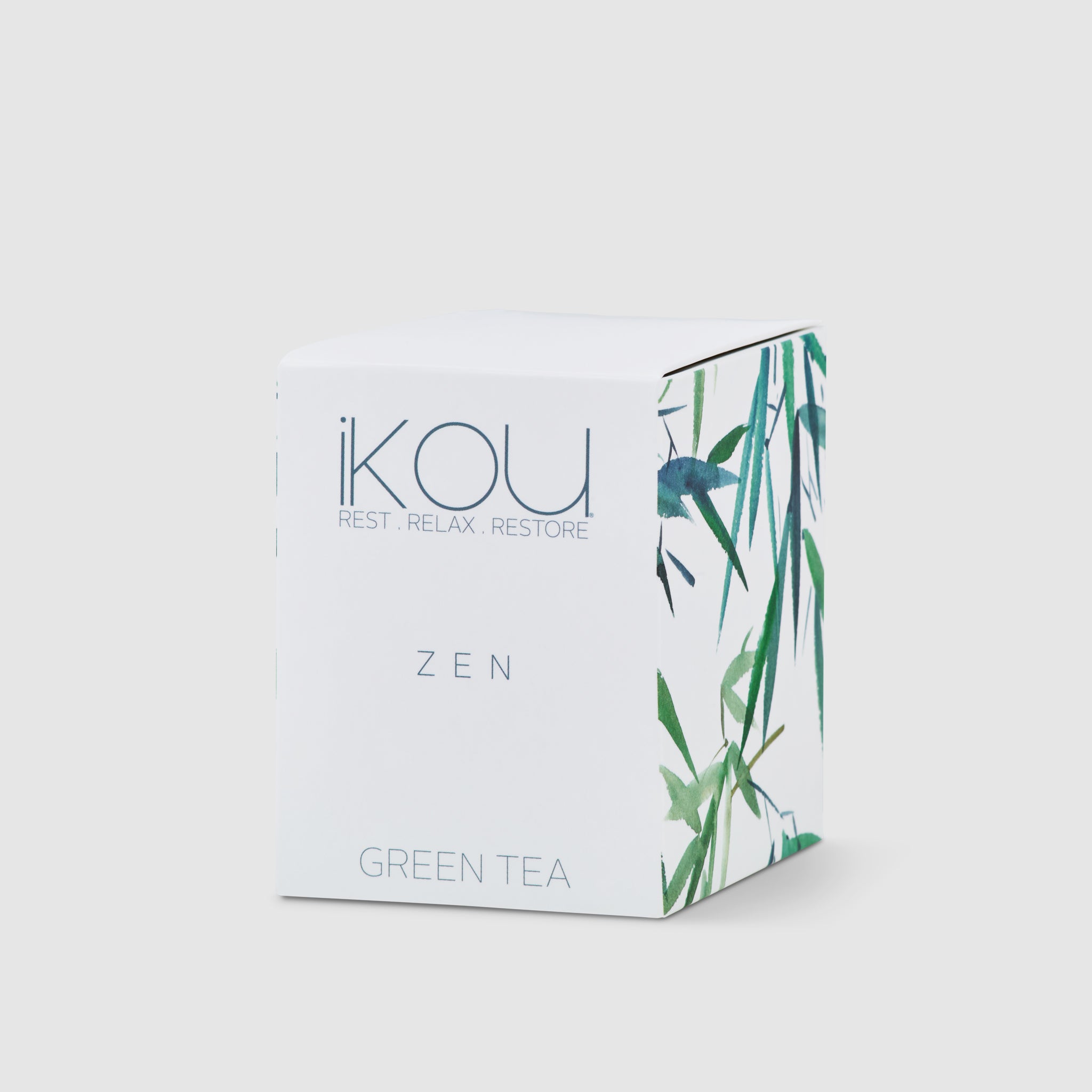 Box of ikou Zen Green Tea on a light gray background
